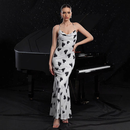 Heart Print Backless Sling Maxi Dress