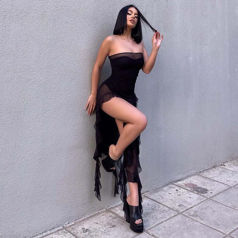 Spring Summer Women Mesh Sexy Personalized Irregular Asymmetric Slit Tassel Tube Top Jumpsuit Women
