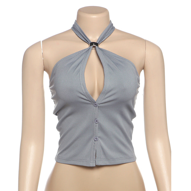 Spring Summer Women Clothing Personalized Button Design Sexy Backless Halter Hollow Out Cutout Slim Vest Women