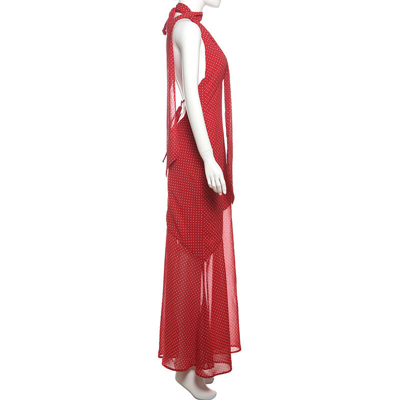 Spring Summer Women Clothing Sexy Polka Dot Halter Lace up Backless Slim Fit Scarf Collar Dress