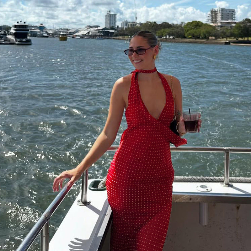 Spring Summer Women Clothing Sexy Polka Dot Halter Lace up Backless Slim Fit Scarf Collar Dress