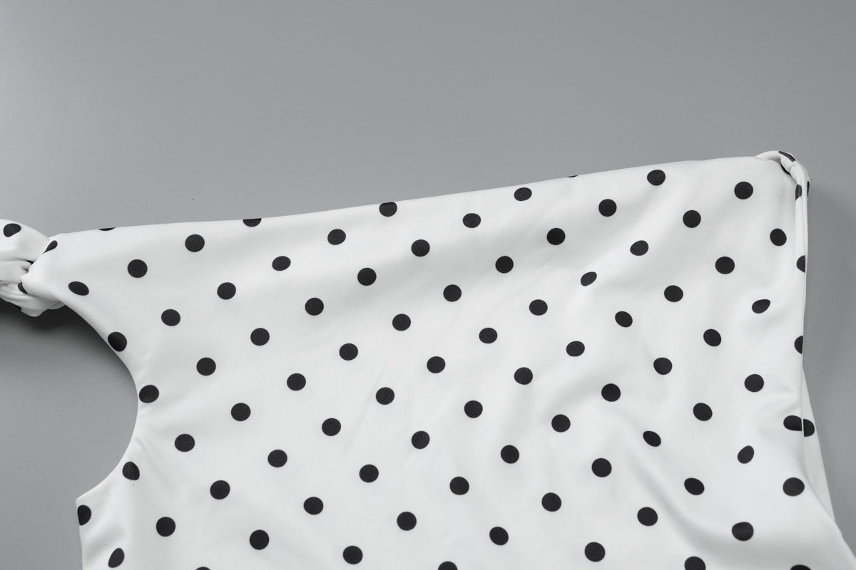 Women Clothing Spring Summer Sexy Polka Dot Printed Shoulder Lace up Slim Fit Hip Bag Dress