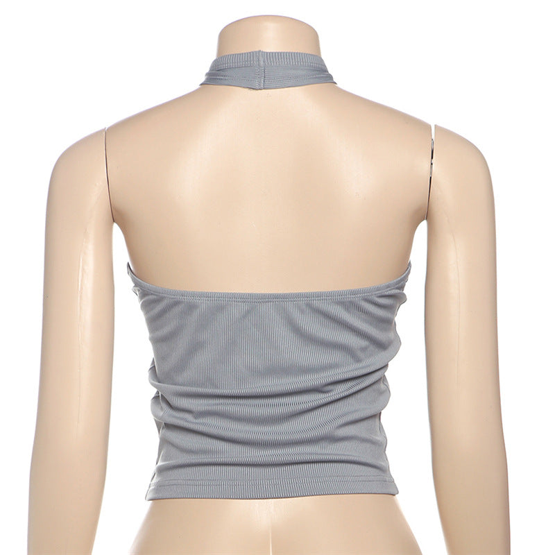 Spring Summer Women Clothing Personalized Button Design Sexy Backless Halter Hollow Out Cutout Slim Vest Women