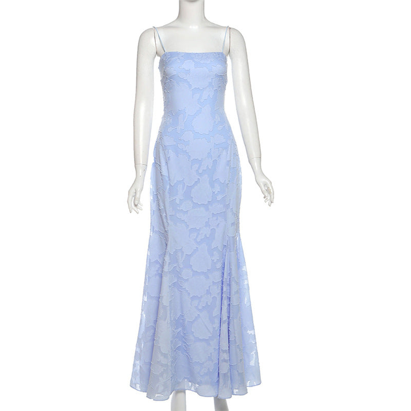 Spring Women Clothing French Sexy Elegant Boat Neck Backless Lace up Slim Strap Dress