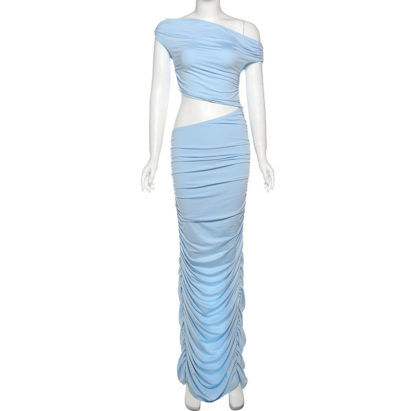 Spring Summer Women Clothing Solid Color Sexy Oblique Shoulder Bare Cropped Slim Fit Hip Bag Fold Split Dress