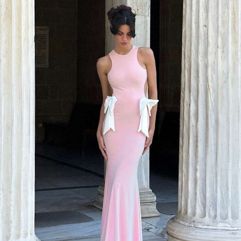 Spring Summer Women Clothing Sexy Sexy Slim Hollow Out Cutout round Neck Bowknot Backless Dress Women