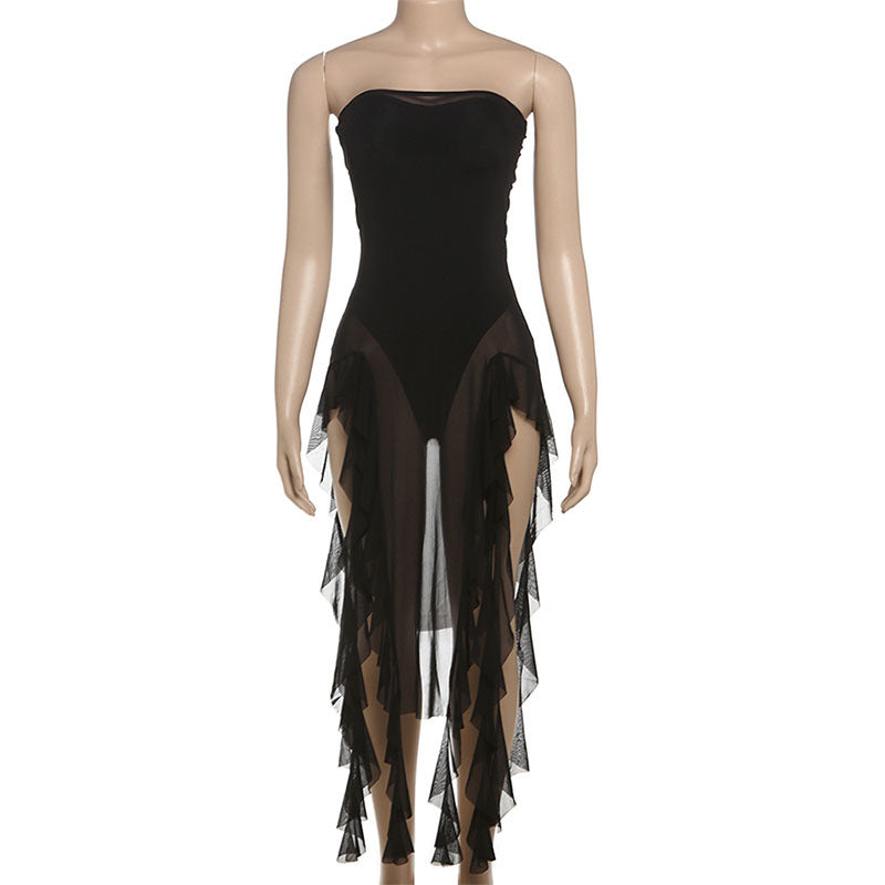 Spring Summer Women Mesh Sexy Personalized Irregular Asymmetric Slit Tassel Tube Top Jumpsuit Women