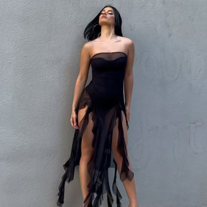 Spring Summer Women Mesh Sexy Personalized Irregular Asymmetric Slit Tassel Tube Top Jumpsuit Women