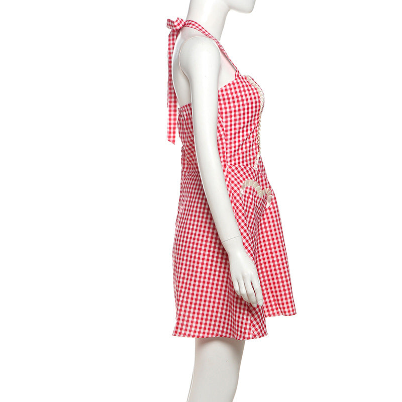 Summer Women Clothing Sexy Halter Contrast Color Slim Fit Slimming Lace up Plaid Dress