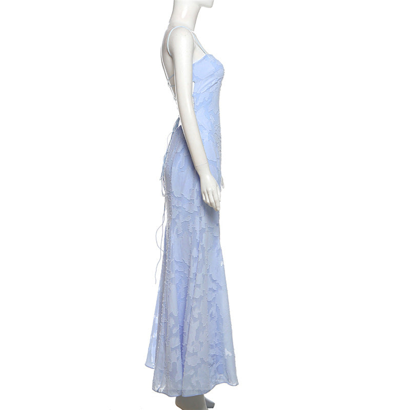 Spring Women Clothing French Sexy Elegant Boat Neck Backless Lace up Slim Strap Dress