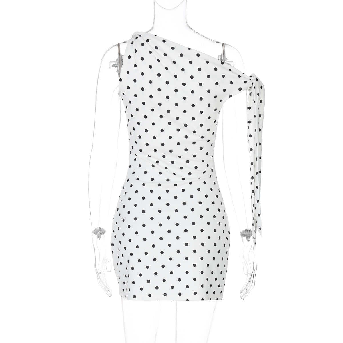 Women Clothing Spring Summer Sexy Polka Dot Printed Shoulder Lace up Slim Fit Hip Bag Dress