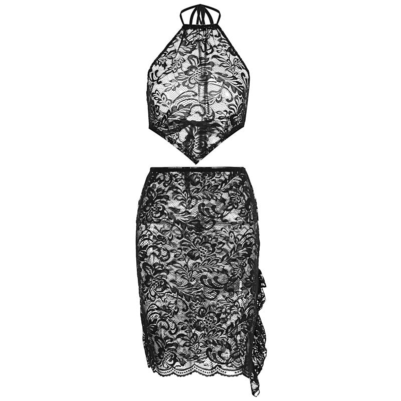Summer Women Clothing Sexy Halter Lace Backless Top Skirt Two Piece Set
