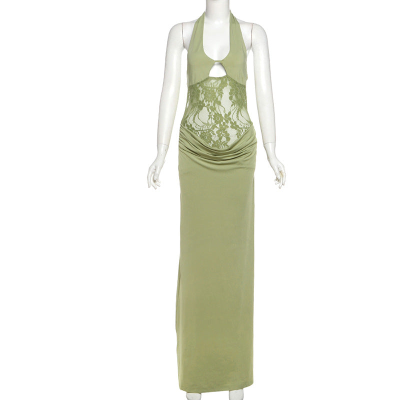 Spring Women Clothing Sexy Halter Cut out Slim Hip Fold Dress