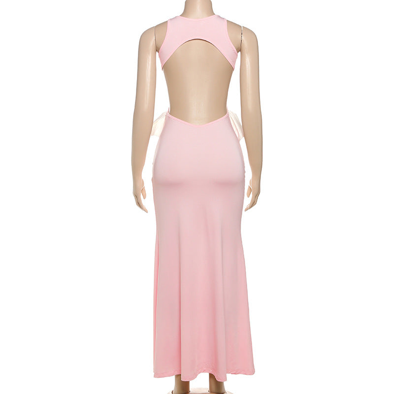 Spring Summer Women Clothing Sexy Sexy Slim Hollow Out Cutout round Neck Bowknot Backless Dress Women