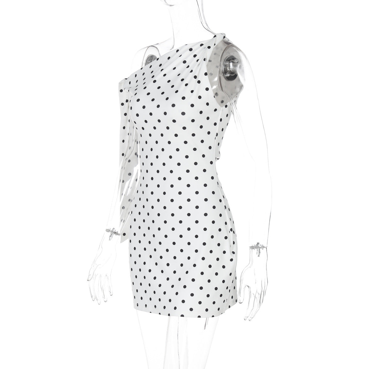 Women Clothing Spring Summer Sexy Polka Dot Printed Shoulder Lace up Slim Fit Hip Bag Dress
