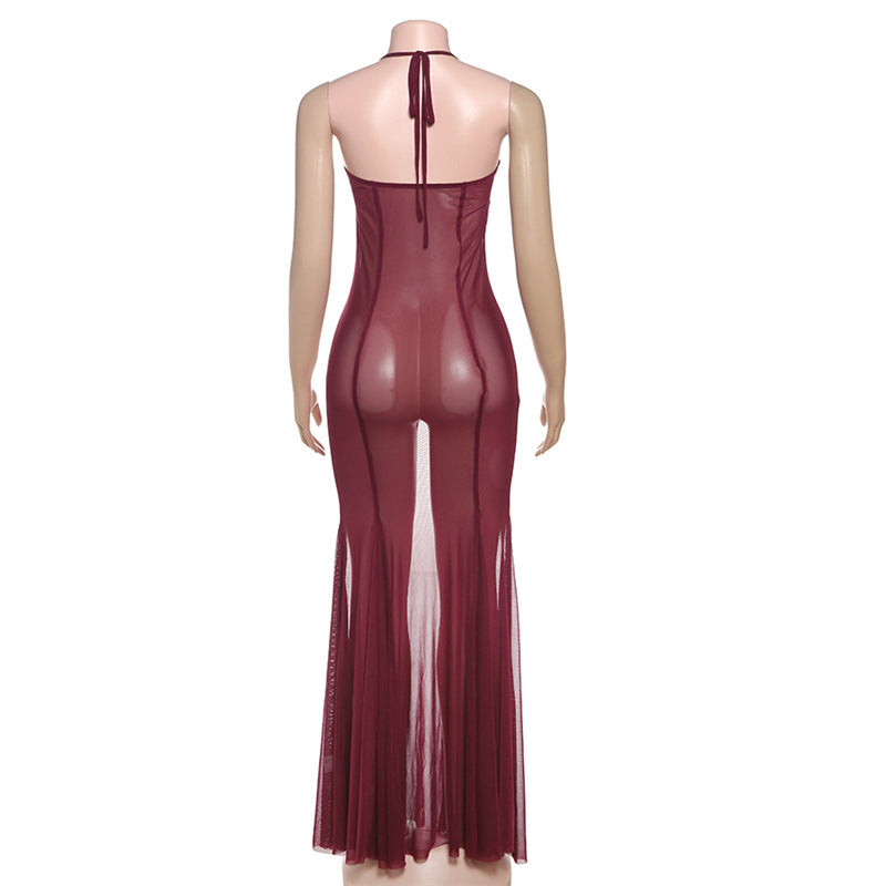 Women Clothing Spring Summer Sexy Mesh Solid Color See through Slim Halter Lace up Dress