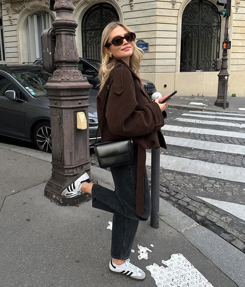 Autumn Winter Collared Elegant Double Breasted Woolen Coat Office Coat Women