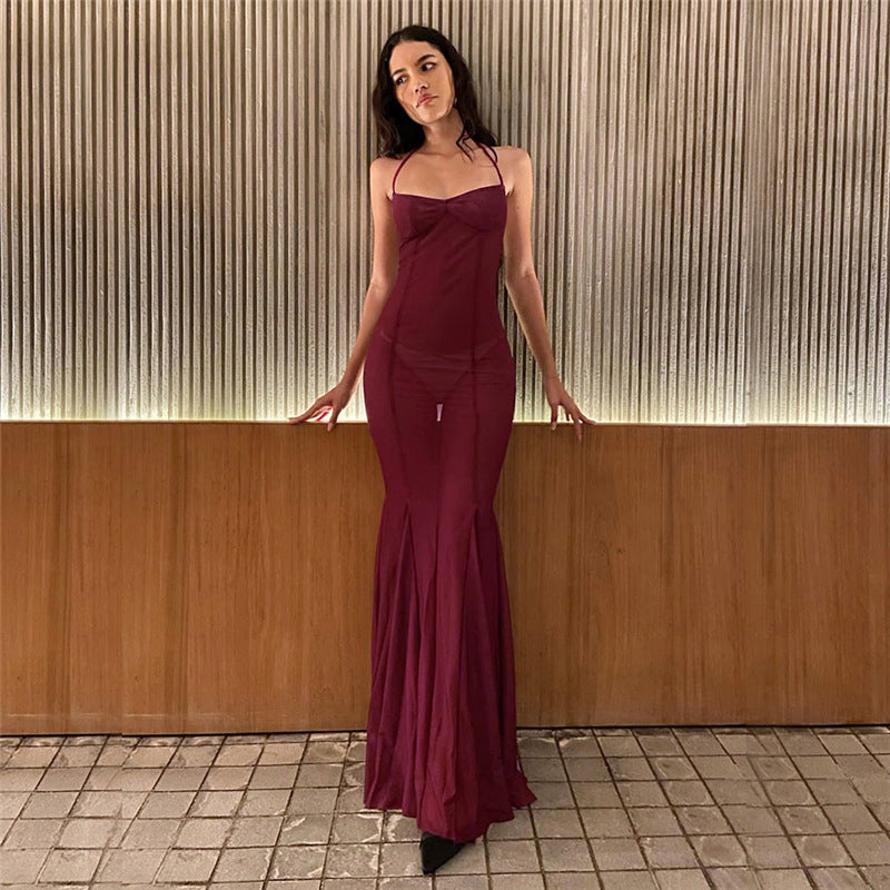 Women Clothing Spring Summer Sexy Mesh Solid Color See through Slim Halter Lace up Dress