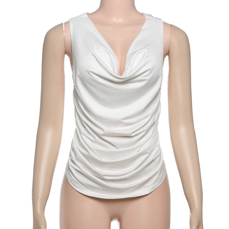 Spring Women Clothing Solid Color Sexy Pile Collar Backless Pleated Slim Vest for Women
