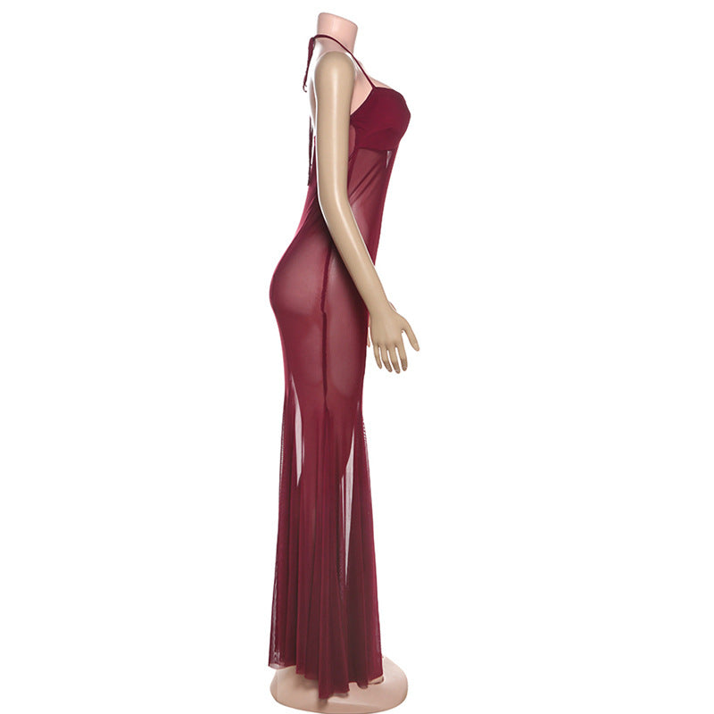 Women Clothing Spring Summer Sexy Mesh Solid Color See through Slim Halter Lace up Dress