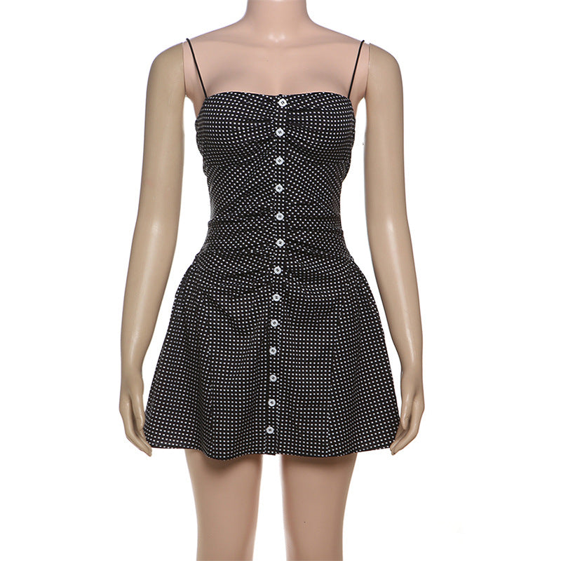 Spring Summer Women Clothing French Dot Sexy Button Slim Pleated Backless Sling Dress Women