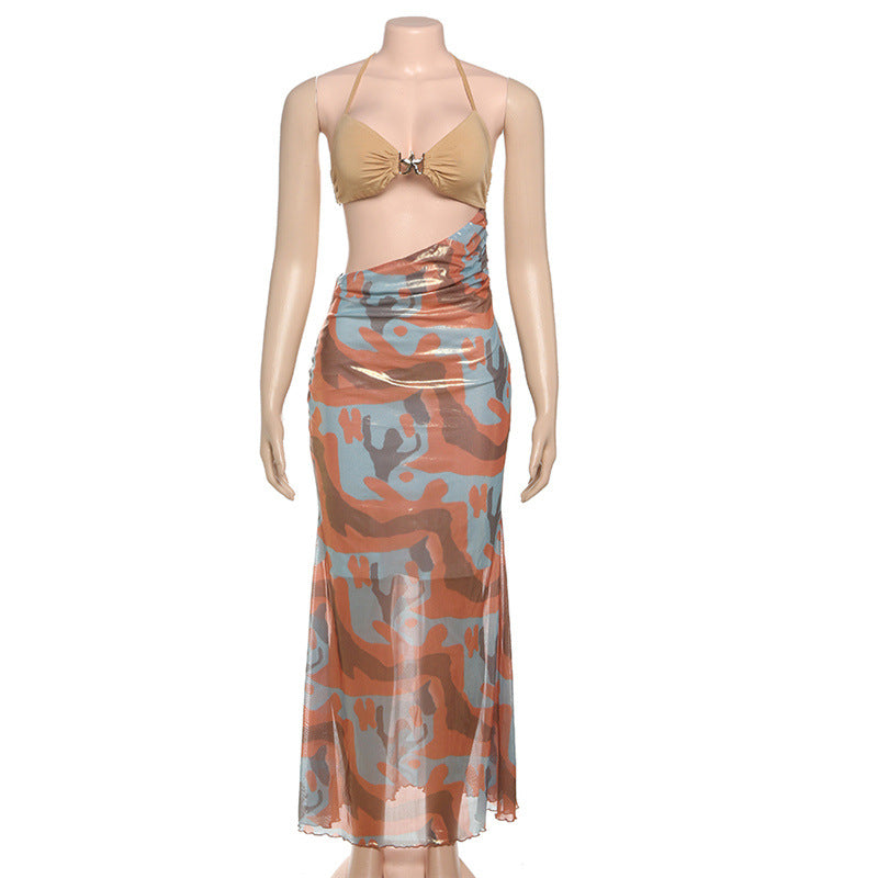 Spring Summer Women Clothing Sexy Bright Color Halter Lace up Slim Fit Hip Spaghetti Straps Dress