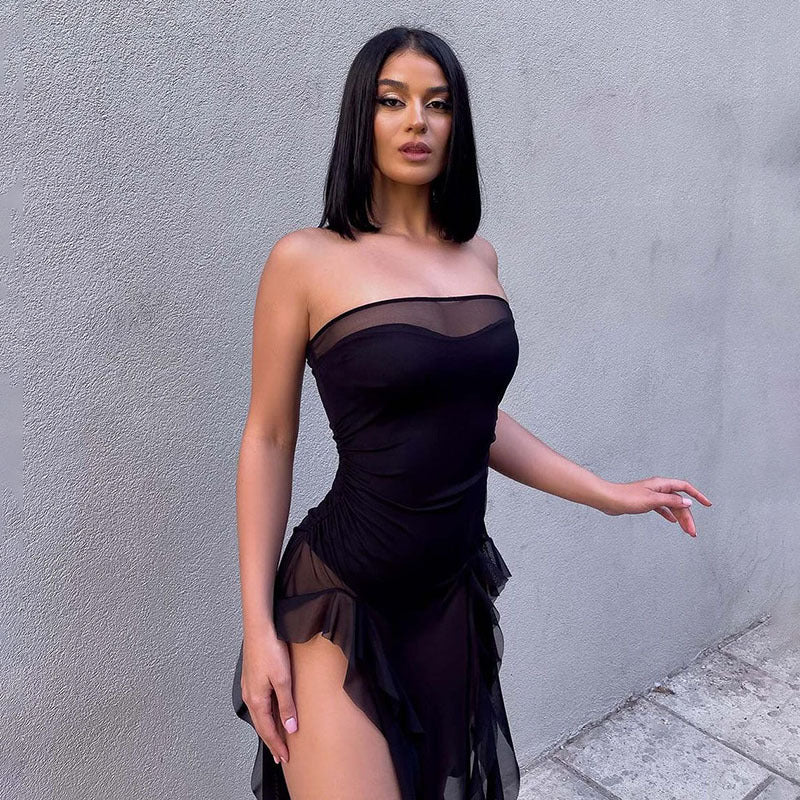 Spring Summer Women Mesh Sexy Personalized Irregular Asymmetric Slit Tassel Tube Top Jumpsuit Women