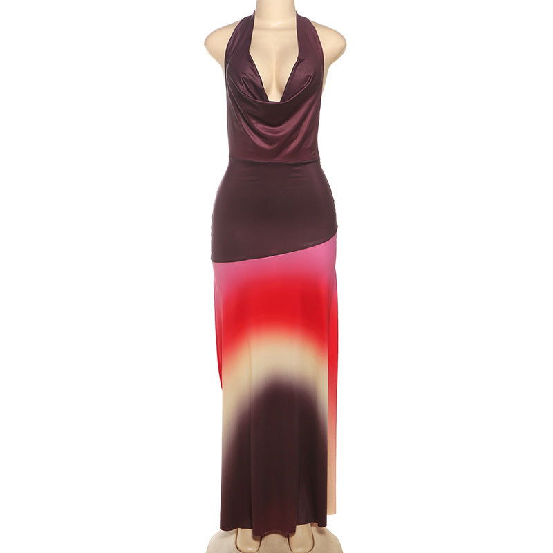 Women Clothing Spring Summer Color Contrast Printed Sexy Pile Collar Backless Dress Women