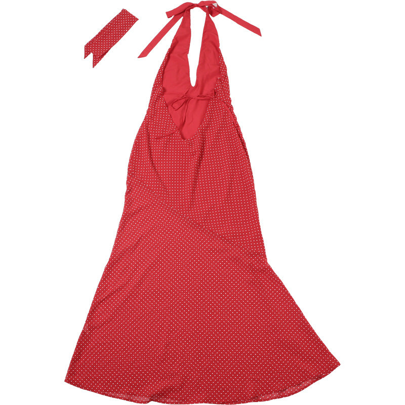 Spring Summer Women Clothing Sexy Polka Dot Halter Lace up Backless Slim Fit Scarf Collar Dress