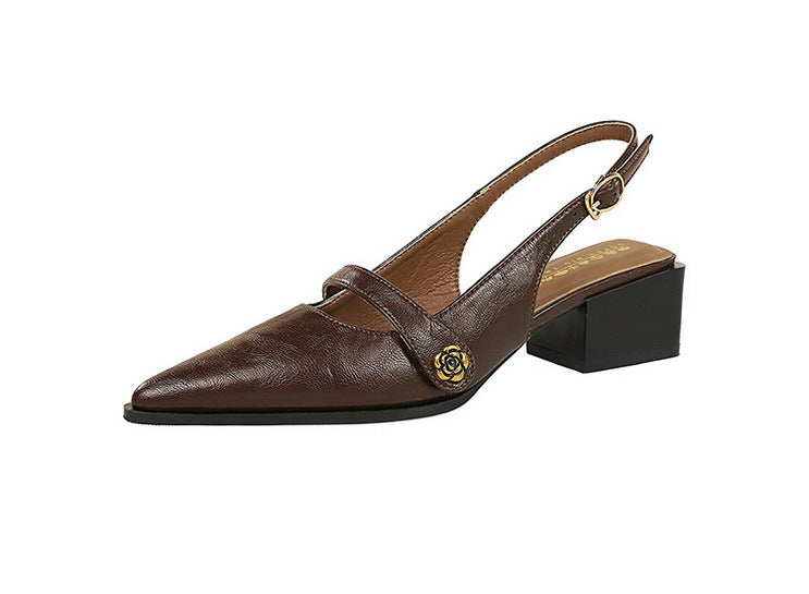 Retro Brown Camellia Pumps Word with Chunky Heel Low Heel Back Empty Back Strap Women Shoes