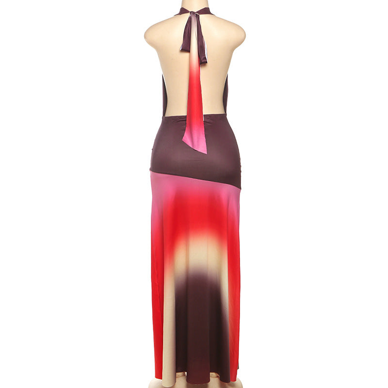 Women Clothing Spring Summer Color Contrast Printed Sexy Pile Collar Backless Dress Women