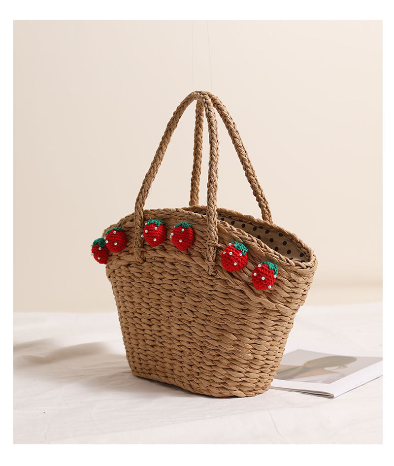 Cute Strawberry Portable Vegetable Basket Bag Hand Carrying Large Capacity Straw Bag Vacation Beach Bag Hand Woven Bag