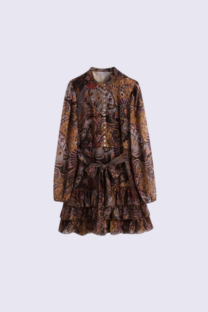 Paisley Belted Ruffle Tiered Mini Dress