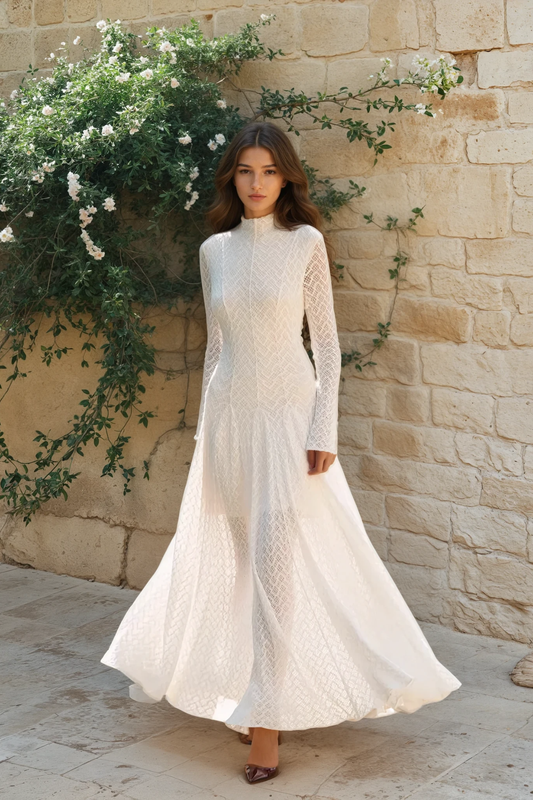 Semi-Sheer Mock Neck Lace Flowy Dress