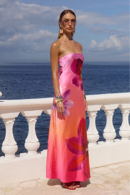 Elegant Floral Strapless Cutout Maxi Dress