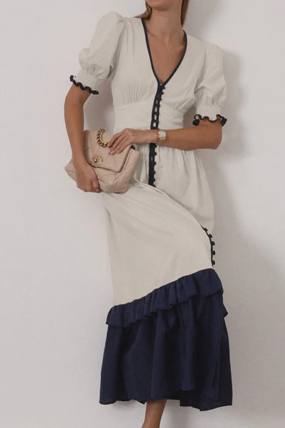Linen Contrast Ruffle Sleeve Split Dress