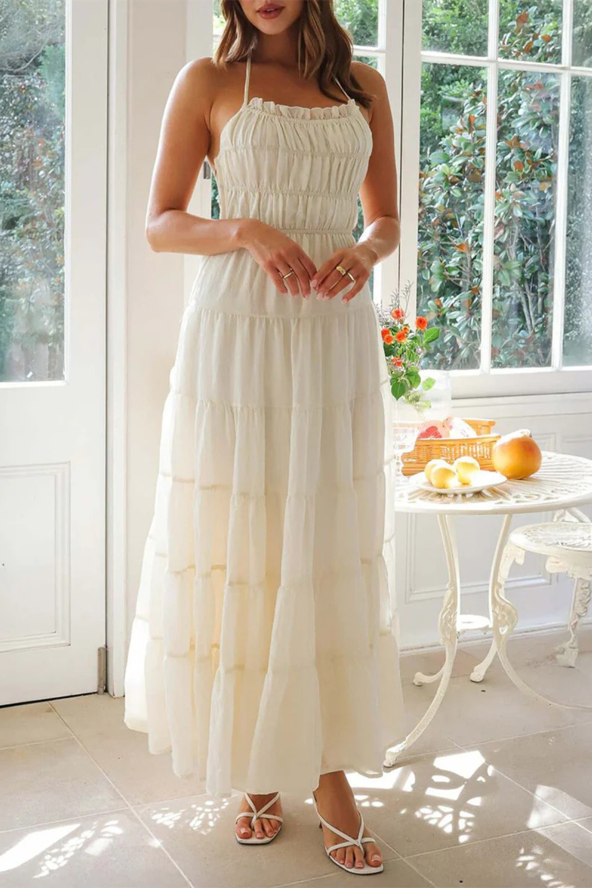 Ruffled Backless Ruched Tie Halter Midi Dress