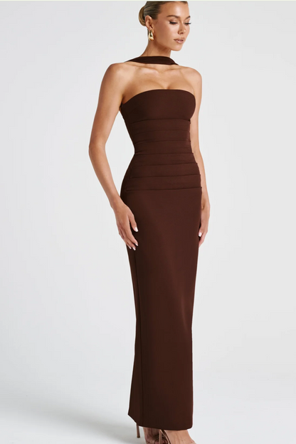 Strapless Midi Bodycon Dress with Scarf