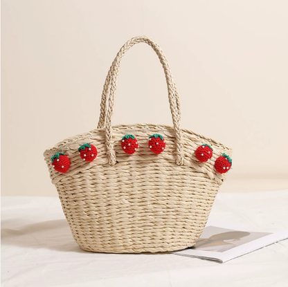 Cute Strawberry Portable Vegetable Basket Bag Hand Carrying Large Capacity Straw Bag Vacation Beach Bag Hand Woven Bag