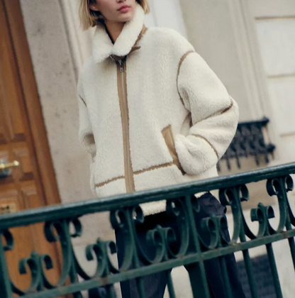 Women Retro Coat Contrast Color Binding Zipper Design Coat Autumn Winter