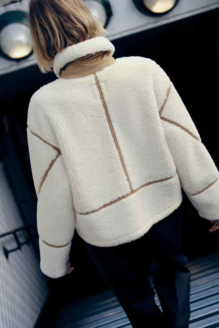 Women Retro Coat Contrast Color Binding Zipper Design Coat Autumn Winter