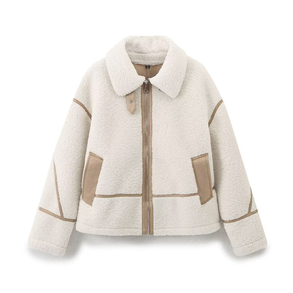 Women Retro Coat Contrast Color Binding Zipper Design Coat Autumn Winter