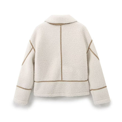 Women Retro Coat Contrast Color Binding Zipper Design Coat Autumn Winter