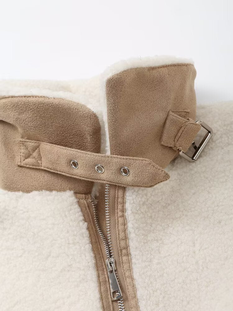 Women Retro Coat Contrast Color Binding Zipper Design Coat Autumn Winter