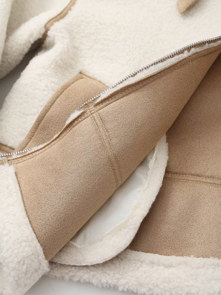 Women Retro Coat Contrast Color Binding Zipper Design Coat Autumn Winter