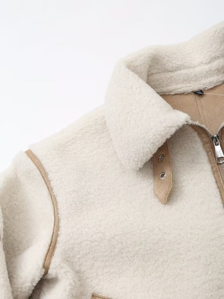 Women Retro Coat Contrast Color Binding Zipper Design Coat Autumn Winter