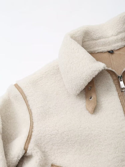 Women Retro Coat Contrast Color Binding Zipper Design Coat Autumn Winter