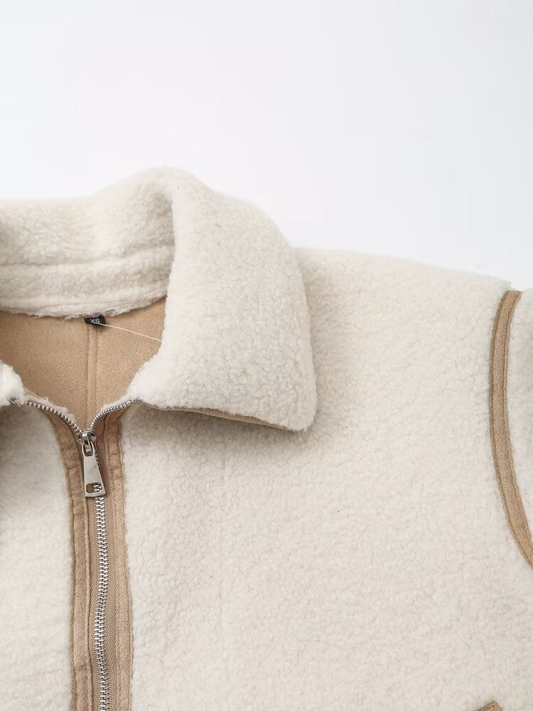 Women Retro Coat Contrast Color Binding Zipper Design Coat Autumn Winter