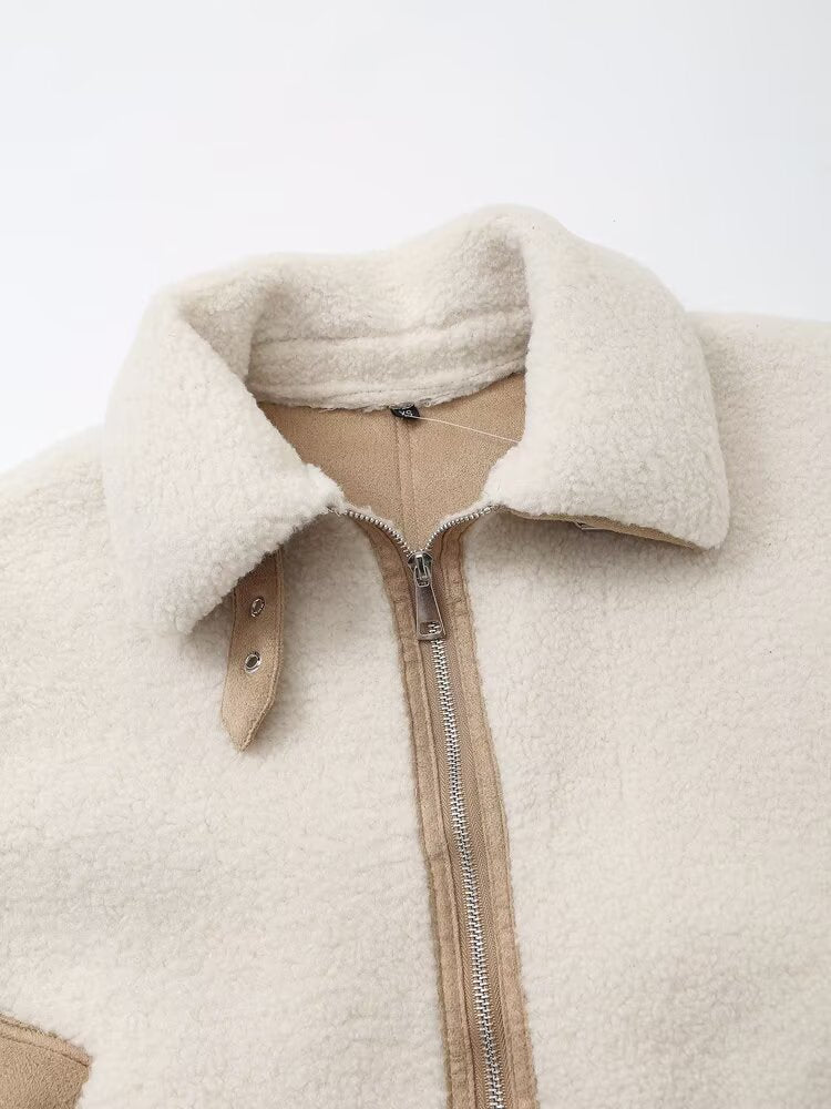 Women Retro Coat Contrast Color Binding Zipper Design Coat Autumn Winter