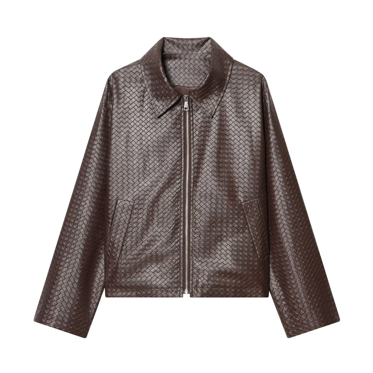 Winter Urban Collared Vintage Artificial Woven Leather Bomber Jacket Women